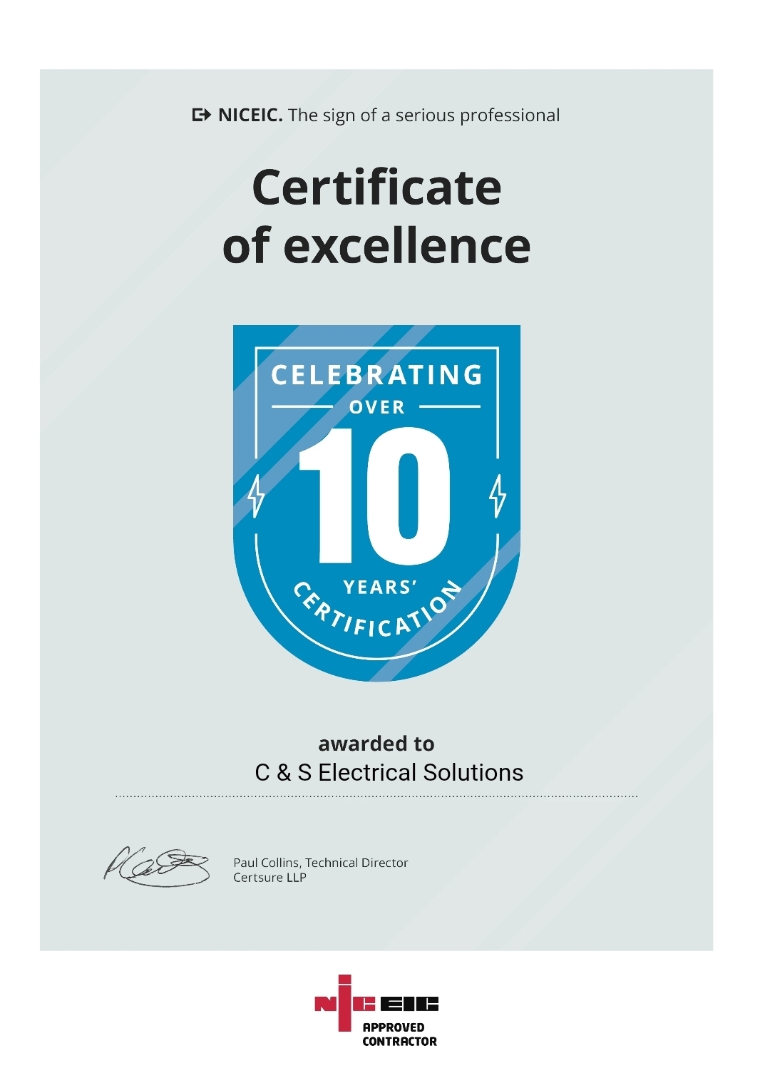 NICEIC Certificate of Excellence — 10 Years
